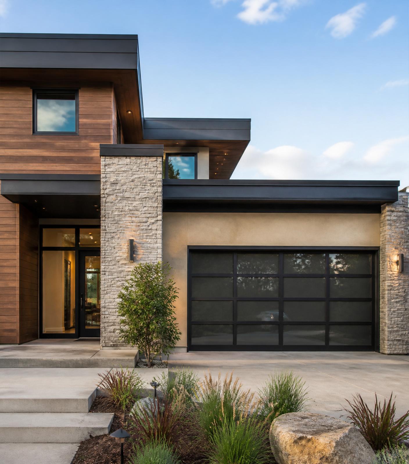 Modern luxury residential home with contemporary garage door